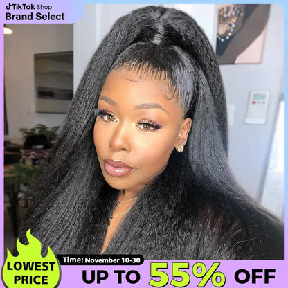 UP TO 55%OFF🔥Pre-Cut Lace Kinky Straight 360 Full Lace Frontal Glueless Wig With Invisi Drawstring Pre Plucked Human Hair Wig