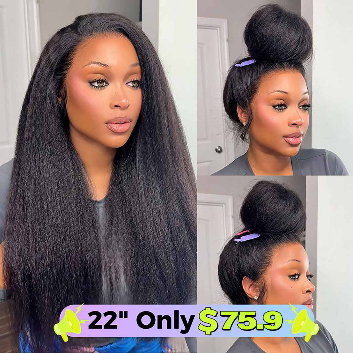 UP TO 55%OFF🔥Pre-Cut Lace Kinky Straight 360 Full Lace Frontal Glueless Wig With Invisi Drawstring Pre Plucked Human Hair Wig
